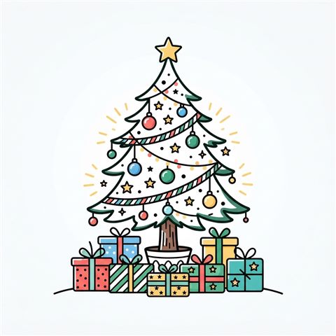 Simple line art with soft colors on a plain white background of christmas tree, gifts and ornaments, simple icon-like composition, vivid colors, high contrast, energetic, 1:1 aspect ratio