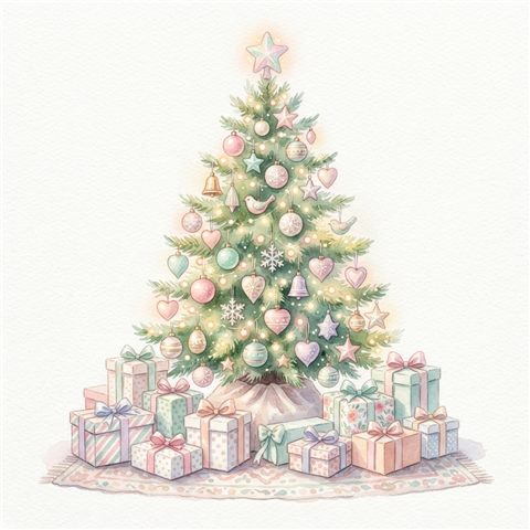 Watercolor illustration on a plain white background of christmas tree, gifts and ornaments, cheerful scene with gentle details, soft pastel colors, bright and cozy, 1:1 aspect ratio