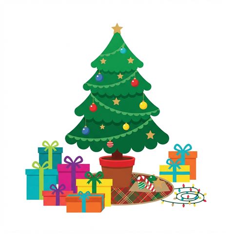 Flat vector illustration on a plain white background of christmas tree, gifts and ornaments, small set of several items arranged neatly, vivid colors, high contrast, energetic, 1:1 aspect ratio