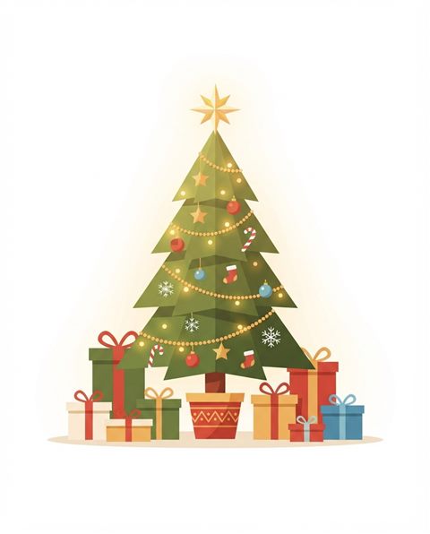 Flat vector illustration on a plain white background of christmas tree, gifts and ornaments, simple icon-like composition, warm golden light, calm mood, 4:5 aspect ratio