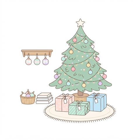 Simple line art with soft colors on a plain white background of christmas tree, gifts and ornaments, small set of several items arranged neatly, soft pastel colors, bright and cozy, 1:1 aspect ratio