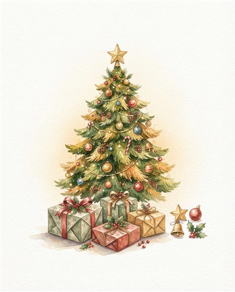 Watercolor illustration on a plain white background of christmas tree, gifts and ornaments, small set of several items arranged neatly, warm golden light, calm mood, 4:5 aspect ratio
