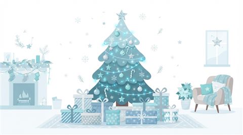 Flat vector illustration on a plain white background of christmas tree, gifts and ornaments, cheerful scene with gentle details, cool blue tones, quiet atmosphere, 16:9 aspect ratio