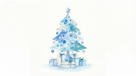Watercolor illustration on a plain white background of christmas tree, gifts and ornaments, simple icon-like composition, cool blue tones, quiet atmosphere, 16:9 aspect ratio