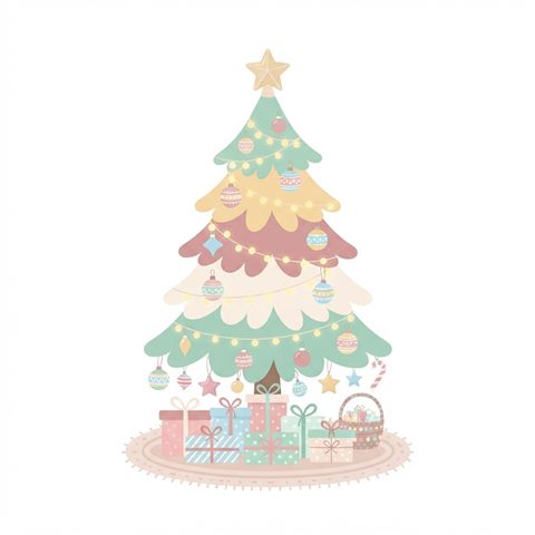 Flat vector illustration on a plain white background of christmas tree, gifts and ornaments, isolated single subject, centered, soft pastel colors, bright and cozy, 1:1 aspect ratio