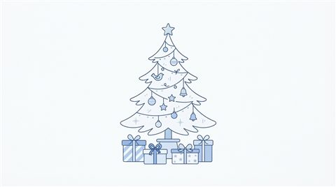 Simple line art with soft colors on a plain white background of christmas tree, gifts and ornaments, isolated single subject, centered, cool blue tones, quiet atmosphere, 16:9 aspect ratio
