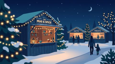 Minimal flat illustration of christmas market with warm lights at night, close-up detail with shallow depth of field, cool blue tones, quiet atmosphere, 16:9 aspect ratio