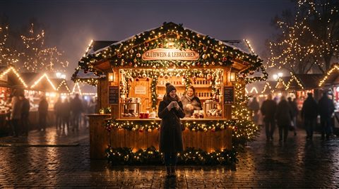 Photorealistic photo of christmas market with warm lights at night, centered subject with a simple uncluttered composition, misty morning haze, dreamy, 16:9 aspect ratio