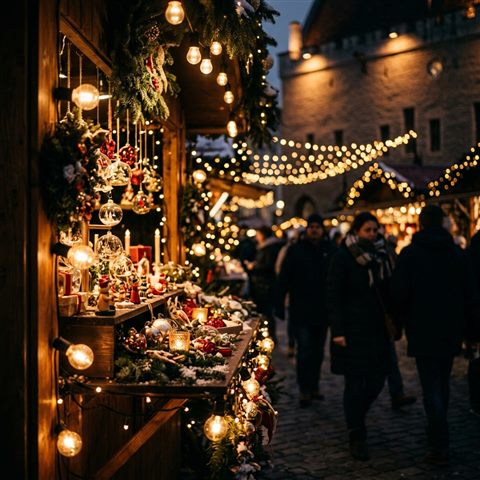 Photorealistic photo of christmas market with warm lights at night, close-up detail with shallow depth of field, moody dark tones, dramatic lighting, 1:1 aspect ratio