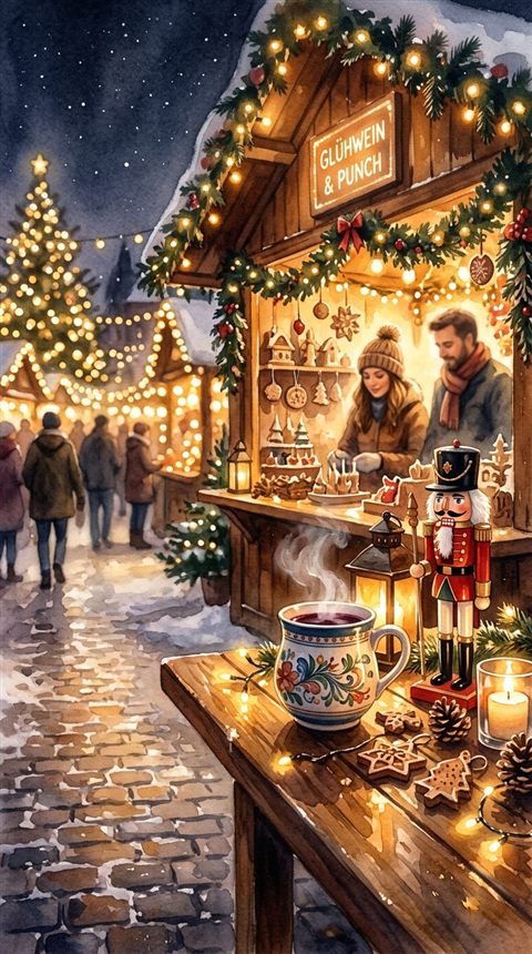 Watercolor illustration of christmas market with warm lights at night, close-up detail with shallow depth of field, warm golden light, calm mood, 9:16 aspect ratio