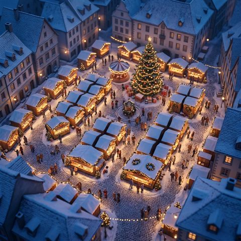 Soft 3d render of christmas market with warm lights at night, high-angle view from above, cool blue tones, quiet atmosphere, 1:1 aspect ratio