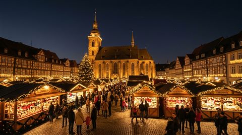 Photorealistic photo of christmas market with warm lights at night, wide shot with open space at the top for text, warm golden light, calm mood, 16:9 aspect ratio