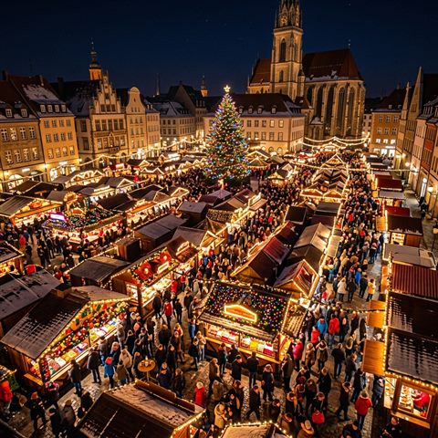 Photorealistic photo of christmas market with warm lights at night, high-angle view from above, vivid colors, high contrast, energetic, 1:1 aspect ratio