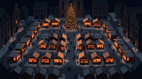 Minimal flat illustration of christmas market with warm lights at night, high-angle view from above, moody dark tones, dramatic lighting, 16:9 aspect ratio
