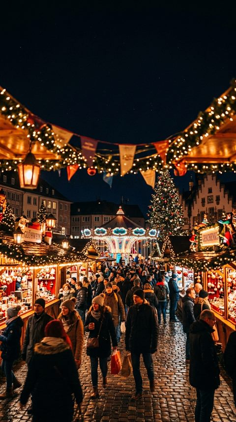 Cinematic film still of christmas market with warm lights at night, wide shot with open space at the top for text, vivid colors, high contrast, energetic, 9:16 aspect ratio