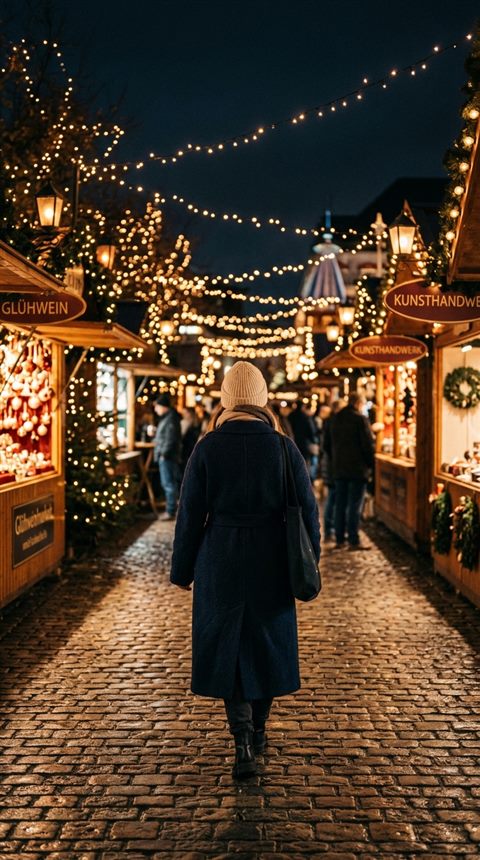 Cinematic film still of christmas market with warm lights at night, centered subject with a simple uncluttered composition, cool blue tones, quiet atmosphere, 9:16 aspect ratio