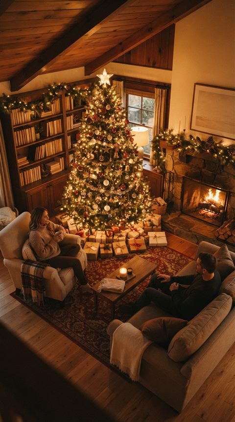 Cinematic film still of cozy christmas scene with warm lights and a decorated tree, high-angle view from above, warm golden light, calm mood, 9:16 aspect ratio
