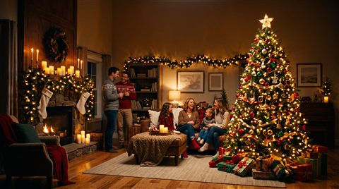 Cinematic film still of cozy christmas scene with warm lights and a decorated tree, wide shot with open space at the top for text, vivid colors, high contrast, energetic, 16:9 aspect ratio