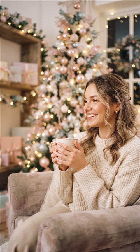 Cinematic film still of cozy christmas scene with warm lights and a decorated tree, close-up detail with shallow depth of field, soft pastel colors, bright and cozy, 9:16 aspect ratio