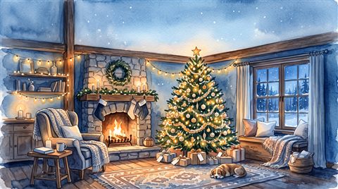 Watercolor illustration of cozy christmas scene with warm lights and a decorated tree, wide shot with open space at the top for text, cool blue tones, quiet atmosphere, 16:9 aspect ratio