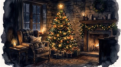 Watercolor illustration of cozy christmas scene with warm lights and a decorated tree, centered subject with a simple uncluttered composition, moody dark tones, dramatic lighting, 16:9 aspect ratio