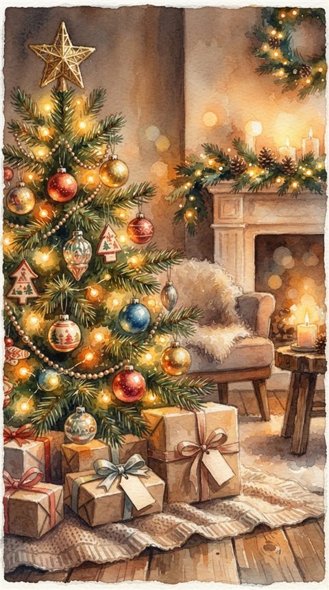 Watercolor illustration of cozy christmas scene with warm lights and a decorated tree, close-up detail with shallow depth of field, warm golden light, calm mood, 9:16 aspect ratio