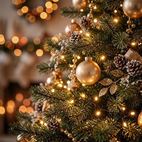 Soft 3d render of christmas tree with warm lights, close-up detail with shallow depth of field, warm golden light, calm mood, 1:1 aspect ratio