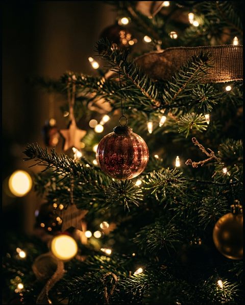 Cinematic film still of christmas tree with warm lights, close-up detail with shallow depth of field, moody dark tones, dramatic lighting, 4:5 aspect ratio
