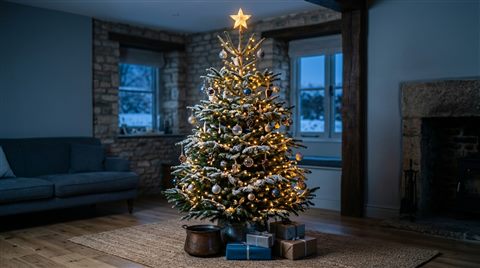 Photorealistic photo of christmas tree with warm lights, centered subject with a simple uncluttered composition, cool blue tones, quiet atmosphere, 16:9 aspect ratio