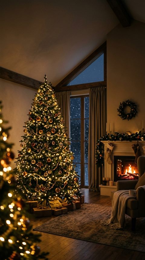 Cinematic film still of christmas tree with warm lights, wide shot with open space at the top for text, warm golden light, calm mood, 9:16 aspect ratio