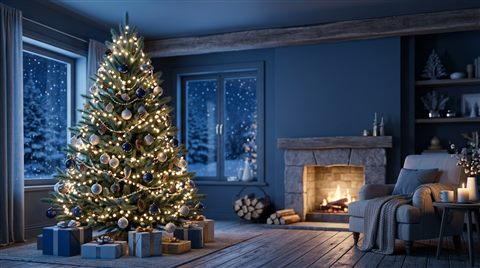 Soft 3d render of christmas tree with warm lights, wide shot with open space at the top for text, cool blue tones, quiet atmosphere, 16:9 aspect ratio