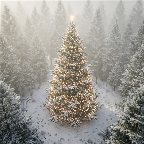 Soft 3d render of christmas tree with warm lights, high-angle view from above, misty morning haze, dreamy, 1:1 aspect ratio