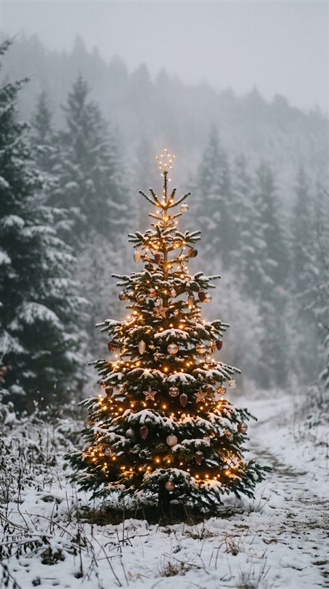 Cinematic film still of christmas tree with warm lights, centered subject with a simple uncluttered composition, misty morning haze, dreamy, 9:16 aspect ratio
