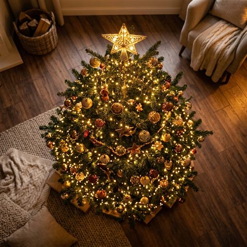 Photorealistic photo of christmas tree with warm lights, high-angle view from above, warm golden light, calm mood, 1:1 aspect ratio