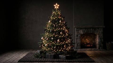 Soft 3d render of christmas tree with warm lights, centered subject with a simple uncluttered composition, moody dark tones, dramatic lighting, 16:9 aspect ratio