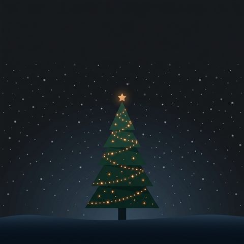 Minimal flat illustration of christmas tree with warm lights, wide shot with open space at the top for text, moody dark tones, dramatic lighting, 1:1 aspect ratio