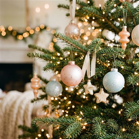 Photorealistic photo of christmas tree with warm lights, close-up detail with shallow depth of field, soft pastel colors, bright and cozy, 1:1 aspect ratio