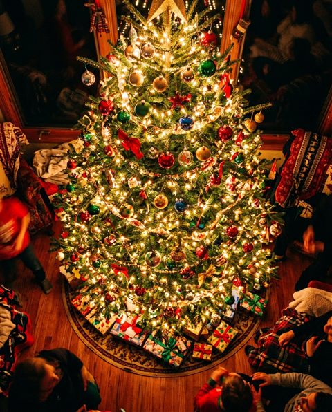 Cinematic film still of christmas tree with warm lights, high-angle view from above, vivid colors, high contrast, energetic, 4:5 aspect ratio