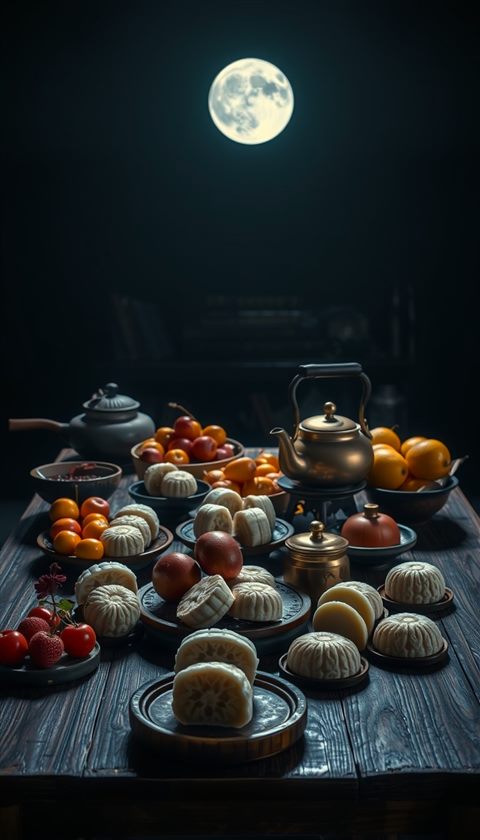 Photorealistic photo of A traditional wooden table laden with various songpyeon rice cakes, ripe fruits, and a brass teapot under soft moonlight., wide shot with open space at the top for text, moody dark tones, dramatic lighting, 9:16 aspect ratio