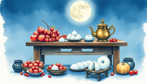 Watercolor illustration of A traditional wooden table laden with various songpyeon rice cakes, ripe fruits, and a brass teapot under soft moonlight., wide shot with open space at the top for text, cool blue tones, quiet atmosphere, 16:9 aspect ratio