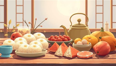 Minimal flat illustration of A traditional wooden table laden with various songpyeon rice cakes, ripe fruits, and a brass teapot under soft moonlight., close-up detail with shallow depth of field, soft pastel colors, bright and cozy, 16:9 aspect ratio
