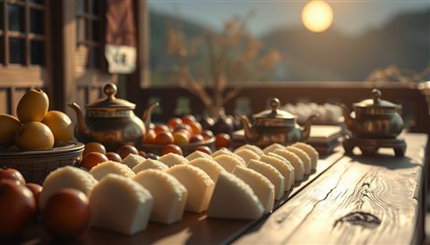 Photorealistic photo of A traditional wooden table laden with various songpyeon rice cakes, ripe fruits, and a brass teapot under soft moonlight., close-up detail with shallow depth of field, warm golden light, calm mood, 16:9 aspect ratio