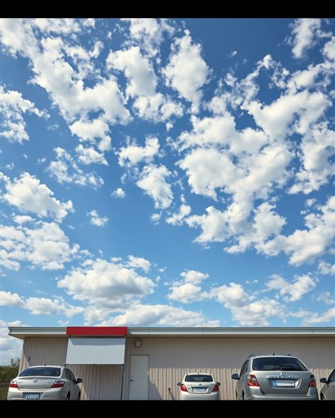 Cinematic film still of Pattern of small, fluffy white clouds scattered across a bright blue sky like flocks of sheep, centered subject with a simple uncluttered composition, vivid colors, high contrast, energetic, 4:5 aspect ratio
