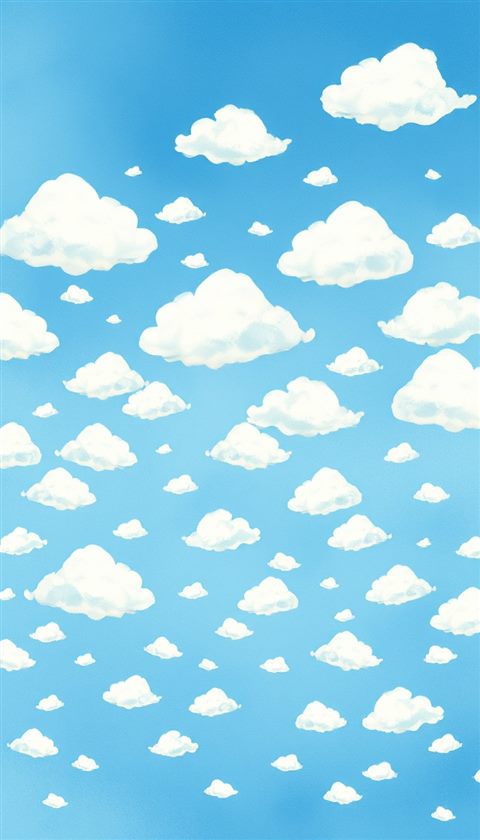 Watercolor illustration of Pattern of small, fluffy white clouds scattered across a bright blue sky like flocks of sheep, wide shot with open space at the top for text, cool blue tones, quiet atmosphere, 9:16 aspect ratio