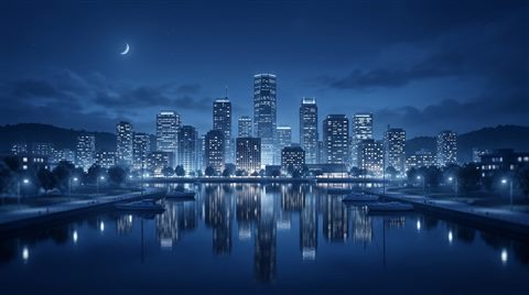 Soft 3d render of city skyline at night, centered subject with a simple uncluttered composition, cool blue tones, quiet atmosphere, 16:9 aspect ratio