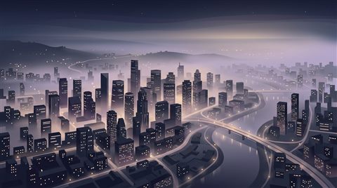 밤의 도시 스카이라인, 미니멀 플랫 일러스트, 위에서 내려다본 구도, 아침 안개, 몽환적인 분위기, 16:9 비율