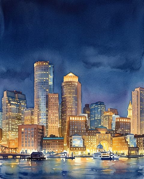 Watercolor illustration of city skyline at night, wide shot with open space at the top for text, warm golden light, calm mood, 4:5 aspect ratio