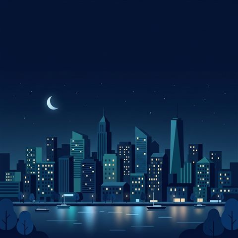 Minimal flat illustration of city skyline at night, wide shot with open space at the top for text, cool blue tones, quiet atmosphere, 1:1 aspect ratio