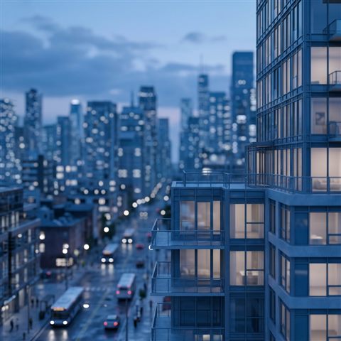 Soft 3d render of modern city skyline, close-up detail with shallow depth of field, cool blue tones, quiet atmosphere, 1:1 aspect ratio