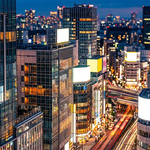 Photorealistic photo of modern city skyline, close-up detail with shallow depth of field, vivid colors, high contrast, energetic, 1:1 aspect ratio